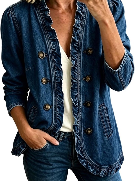 Jackets & Blazers - Ruffled Double-Breasted Denim Jacket - Blue